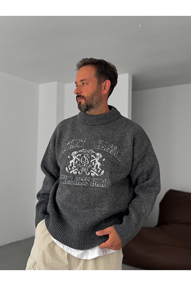 Antrasit Instant Nakış Geniş Yaka Oversize Kazak G-18133 - 2