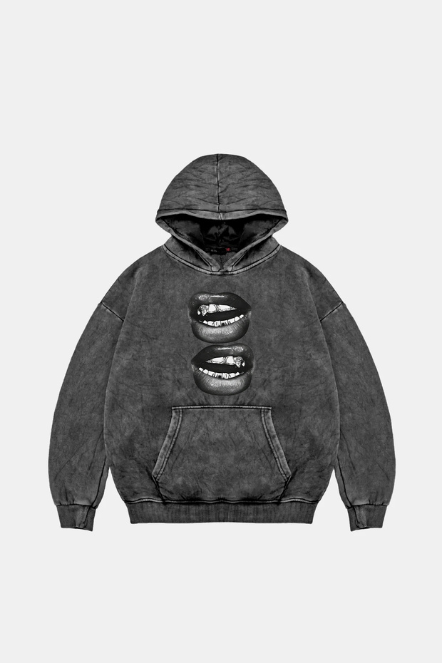 Lip Teeths Printed Oversize Unisex Washable Black Hoodie