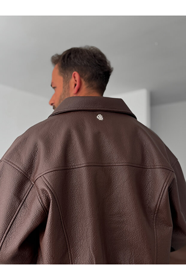 Kahve Retro Oversize Deri Ceket G-5761 - 6