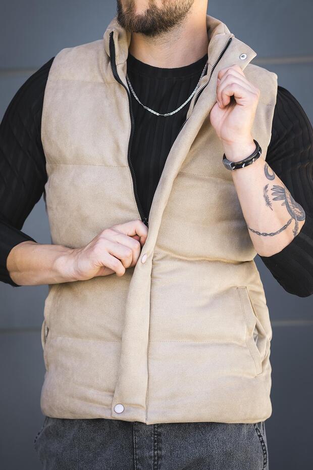 Mantaff Pocketed Stand Collar Filling Men's Inflatable Suede Nubuck Vest