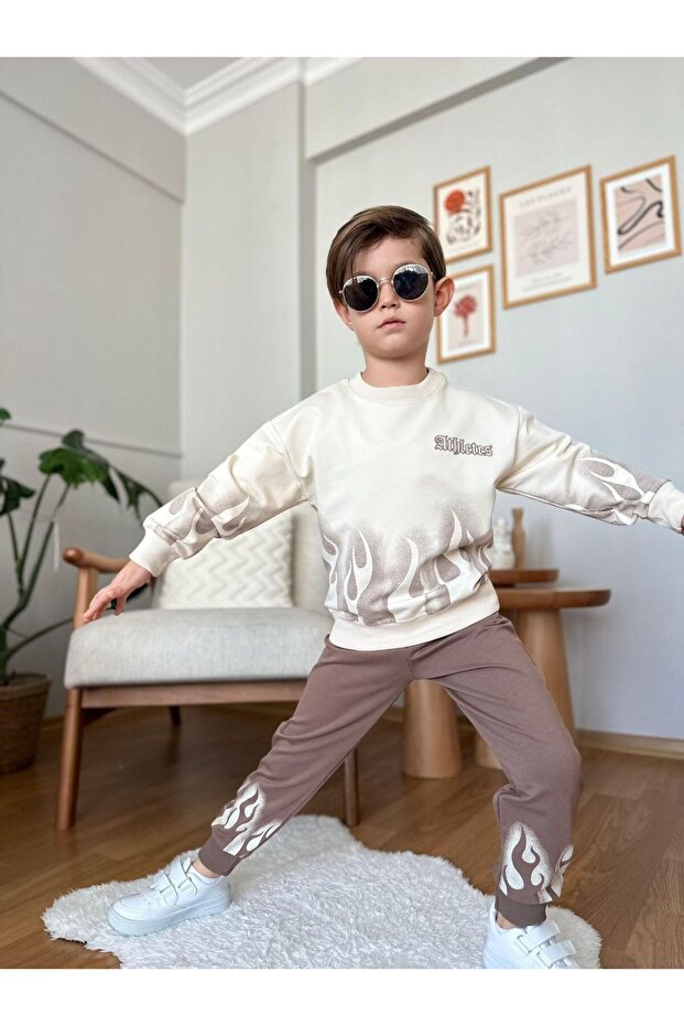 Flame Detailed Boys' Sweatshirt and Sweatpants Set