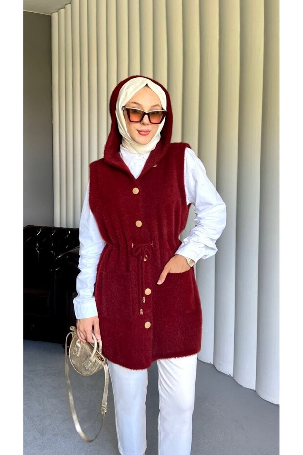 Women's Feather Midi Length Hooded Hijab Vest Cardigan