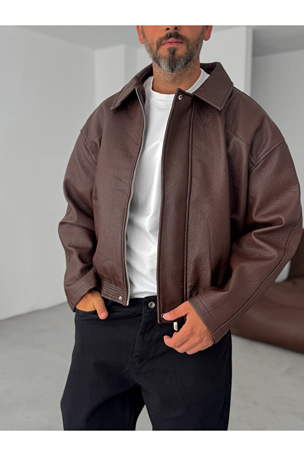 Kahve Retro Oversize Deri Ceket G-5761 - 2