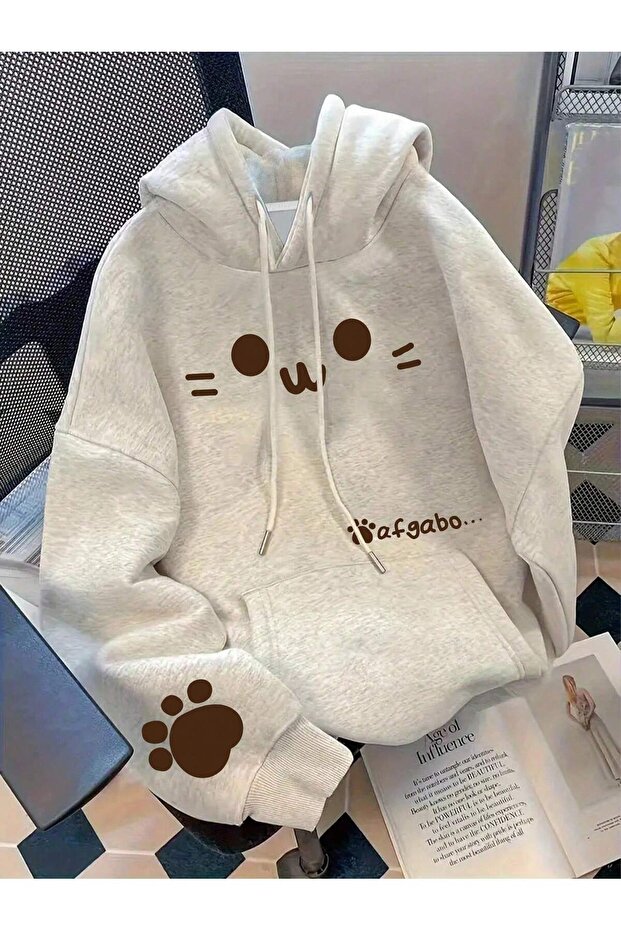 MOOSTA Plus-Size Women's Cat Paw And Face Print Warm Drawstring Hoodie Fall Cloth For W - 1