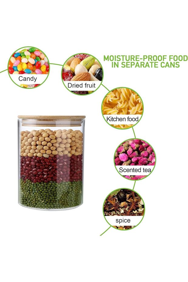 6 Pieces Vacuum Borosilicate Spice Jar with Bamboo Lid, Storage Container, Snack Jar (200 ml) - 6