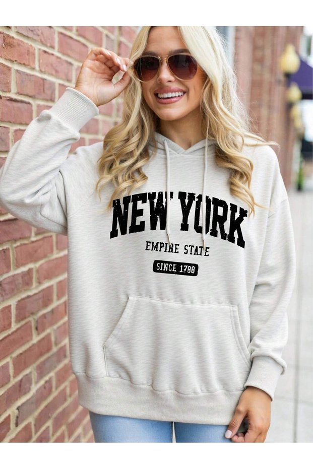 Reshift Plus Size Women's Letter'New York U.S.A' City Name Graphic Print Thermal Drawstring