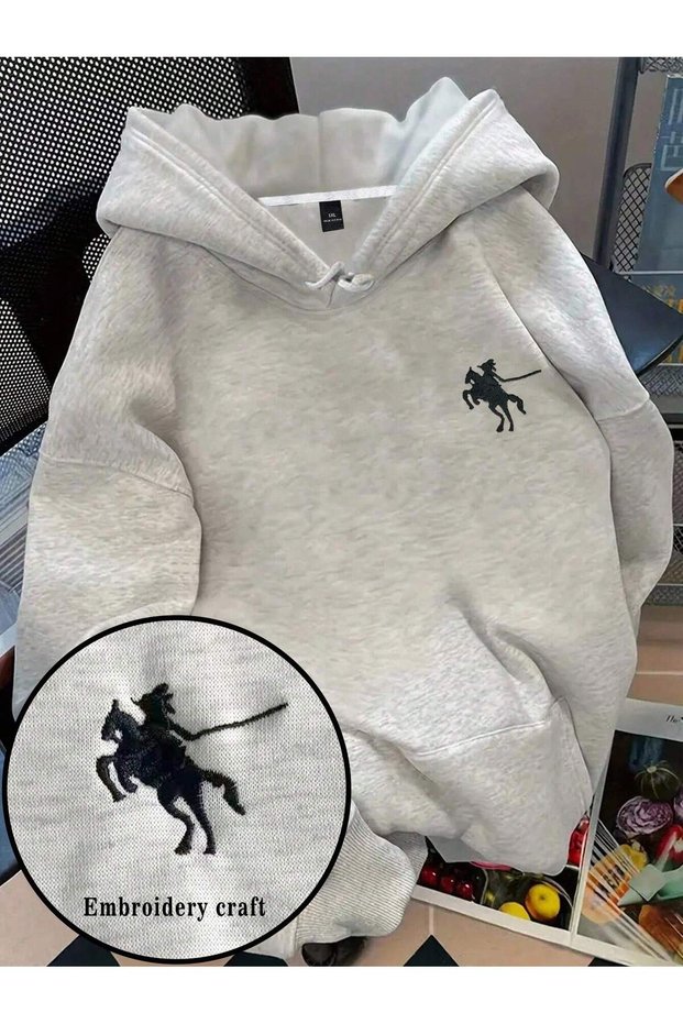 Emery Rose Plus Size Women's Embroidered Horse Graphic Drawstring Hoodie Sweatshirt Fall Clothing