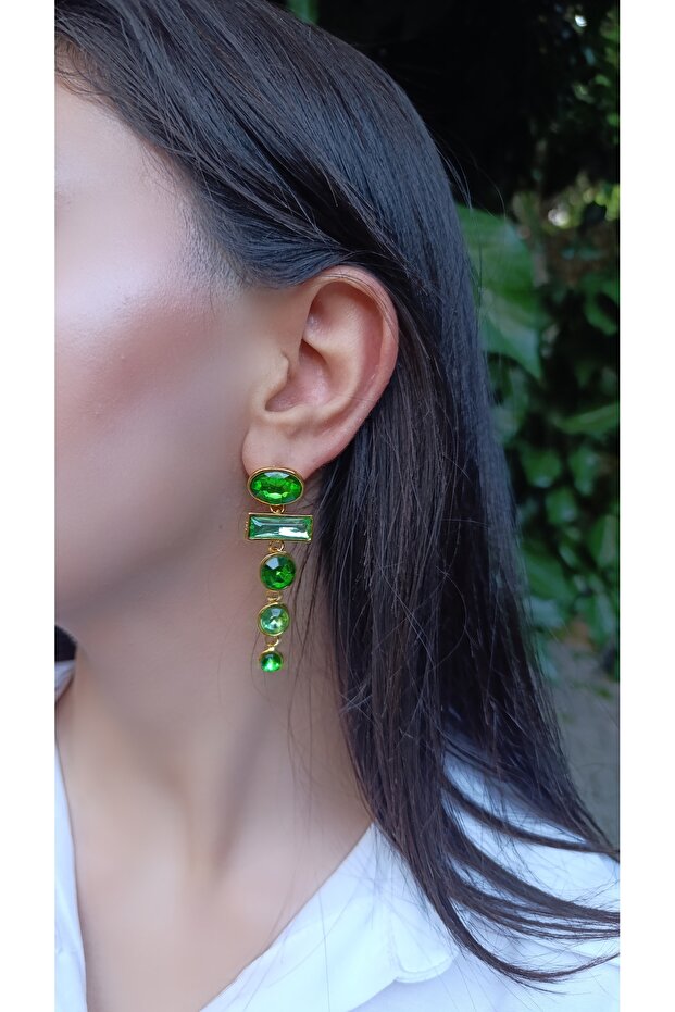 Steel Zircon Stone Green Dangle Earrings