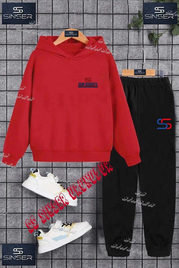 Children's Unisex Printed Hooded Tracksuit Set with the Logo on the Bottom of the Pants and the Top with the Text on the Left Side