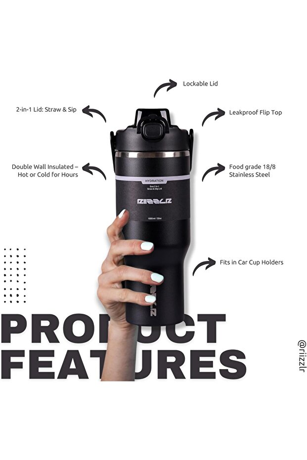 1000ml Insulated Water Bottle Tumbler with 2-in-1 Straw & Sip Lid – Keeps Drinks Hot 12H / Cold 24H - 3