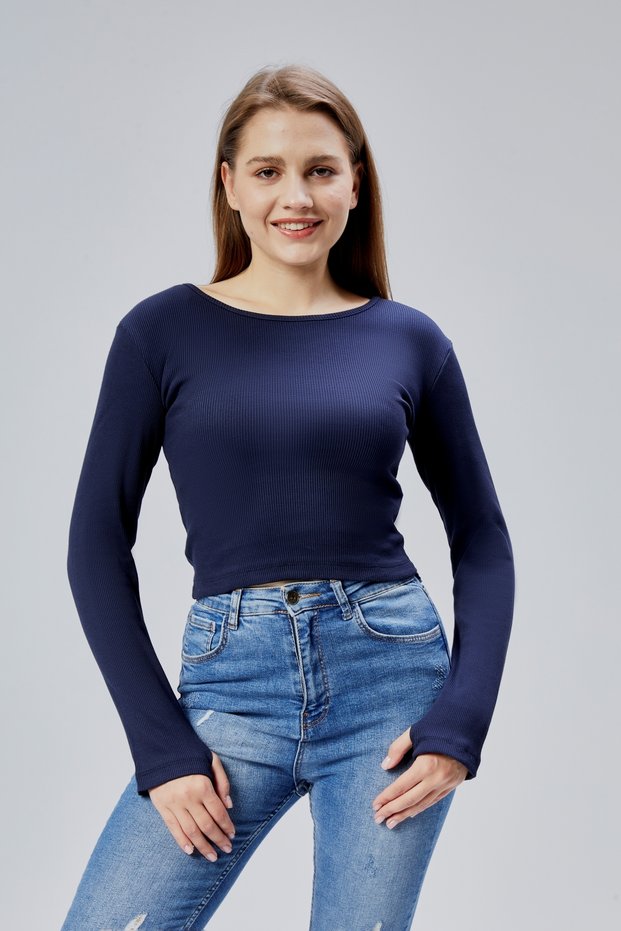 Mooncover Women's Seasonal Bodysuit with Finger Detail - Navy Blue