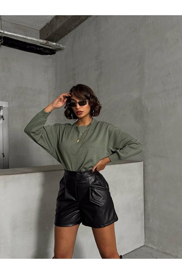 Two Button Pleated Faux Leather Shorts