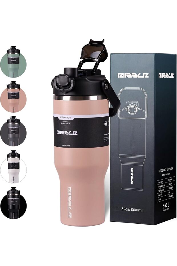 1000ml Insulated Water Bottle Tumbler with 2-in-1 Straw & Sip Lid – Keeps Drinks Hot 12H / Cold 24H