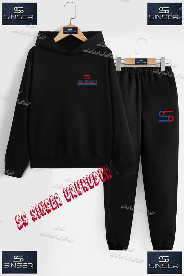 Children's Unisex Printed Hooded Tracksuit Set with the Logo on the Bottom of the Pants and the Top with the Text on the Left Side