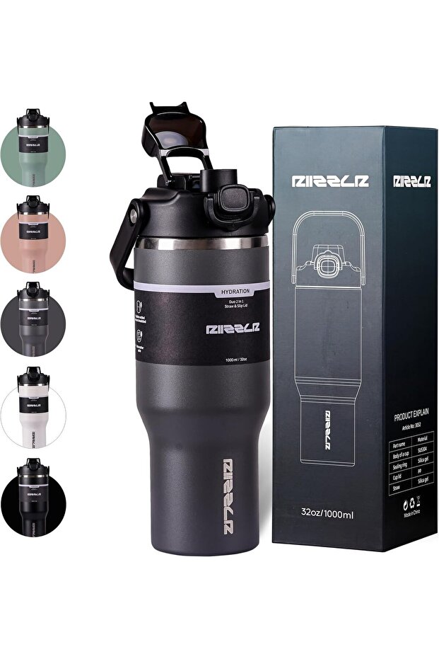 1000ml Insulated Water Bottle Tumbler with 2-in-1 Straw & Sip Lid – Hot 12H / Cold 24H