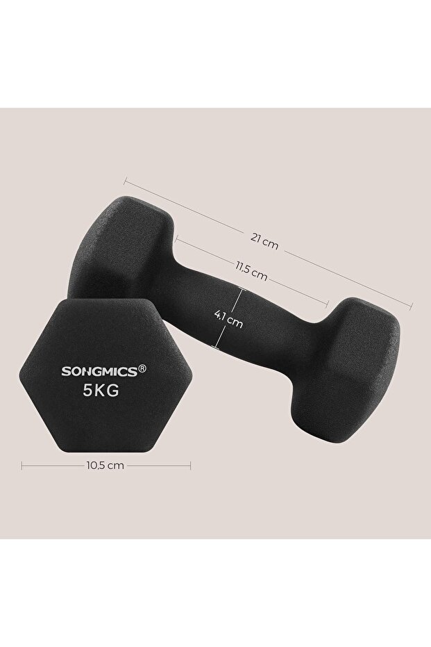 SONGMICS Hexagonal dumbbell set 2x5 kg, cast iron with neoprene coating, ergonomic non-slip handle, ne - 7