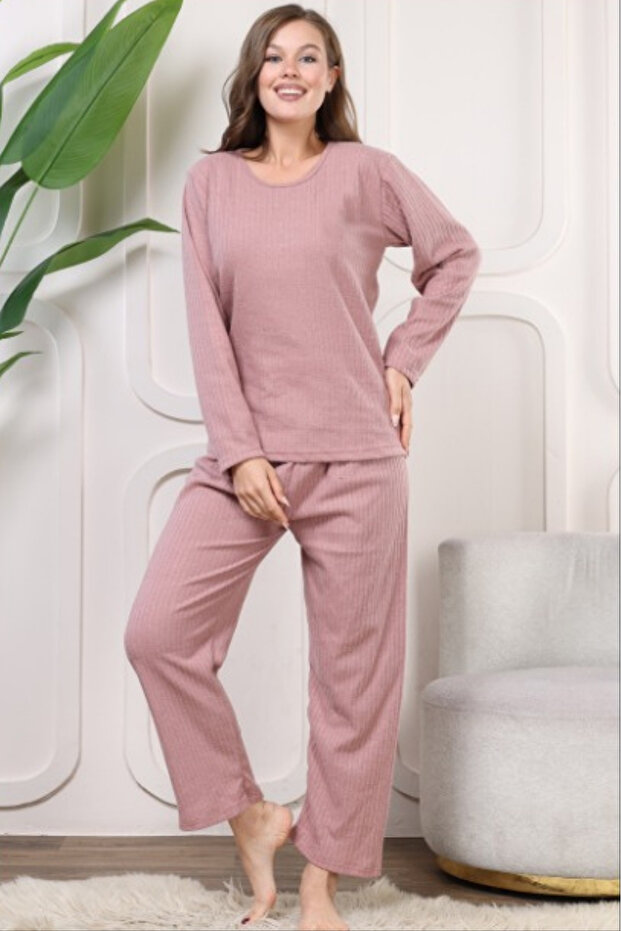 Kalın Kışlık İnterlok Şeritli Uzun Kollu Örme Pijama Takımı - 3