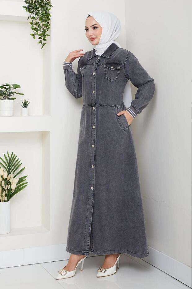 Women's Pocketed Buttoned Rib Knit-Detail Denim Black Long Coat