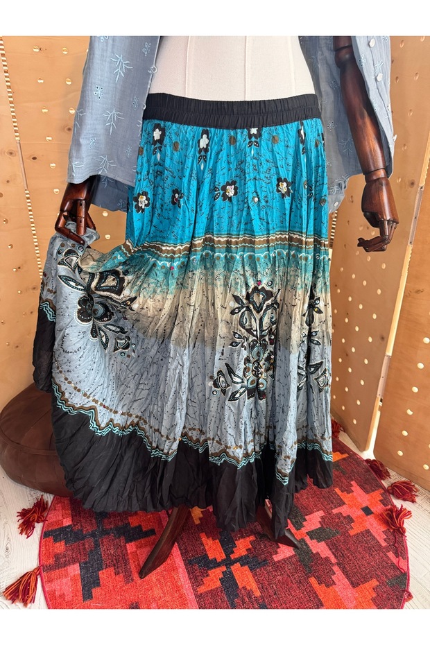 Women's Blue Indian Embroidered Bohemian Skirt