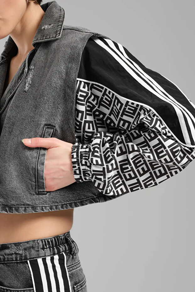 tw3 Kadın Garnili Kollar Şeritli Crop Jean Ceket - 3