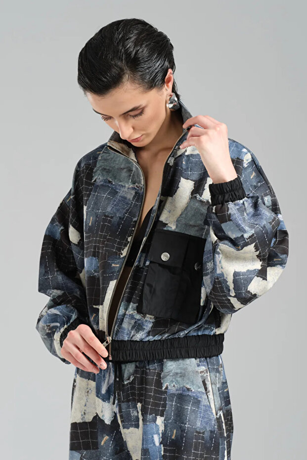 Tw3 Women's Printed Elastic Waist Design Bomber Jacket