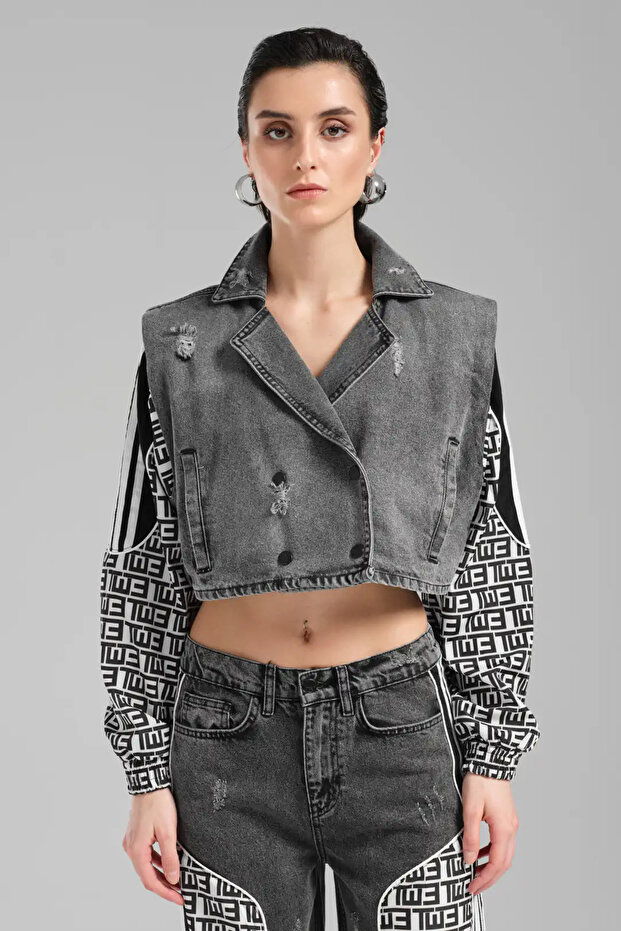 tw3 Kadın Garnili Kollar Şeritli Crop Jean Ceket - 1