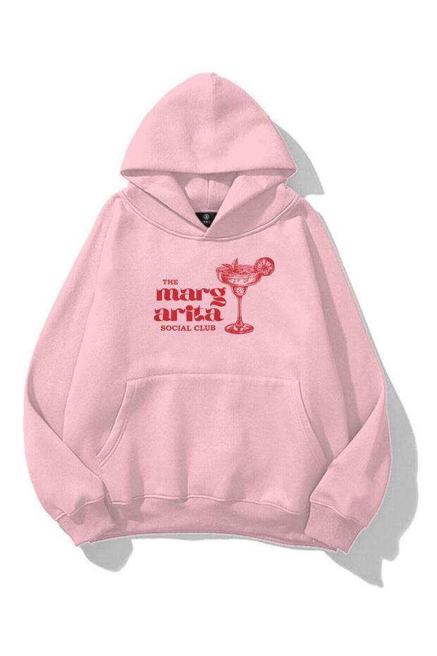 Women's Margarita Printed Pink 3 Thread Hooded Kangaroo Pocket Oversize Hoodie Sweatshirt