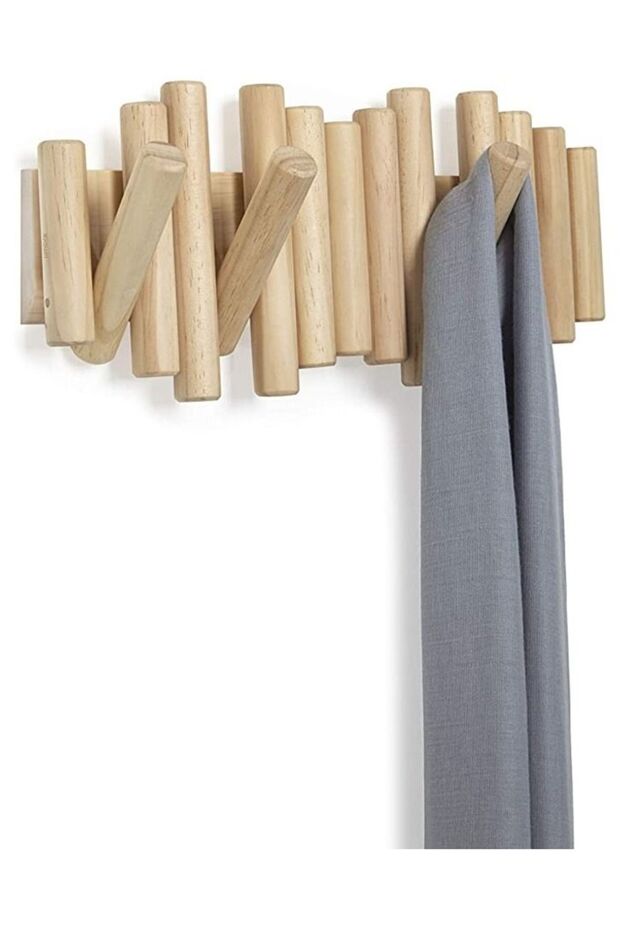 5 Hooks Coat Rack Rail Wall-Mounted Rail Hook Space Saving Towels Holder and Wall Natural Wood