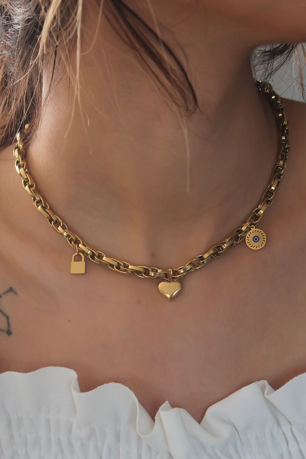 Steel Gold Color Thick Chain Model Heart Figure Women's Necklace - Tj-Bko6898