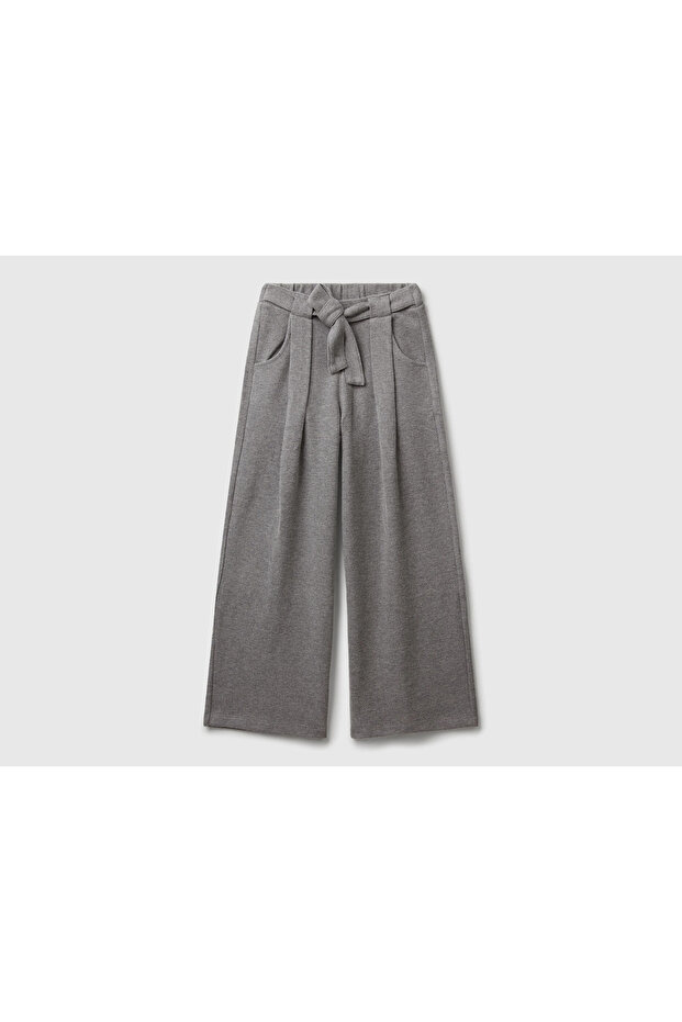 Girl's Anthracite Melange Sweatpants with Pleated Detail on the Front, Tie-Up Waist, and Elasticated Back