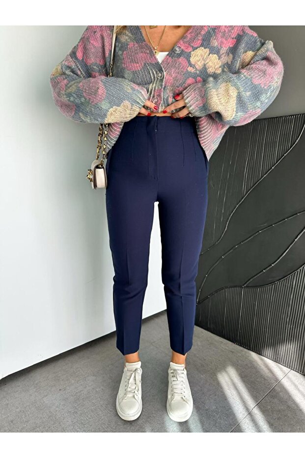 Lacivert Fileto Detaylı Kumaş Pantolon - 1