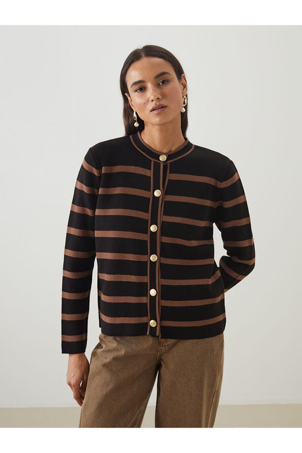 Alita City Lcw Modest Brown Knitwear Striped Women's Cardigan with a Difference