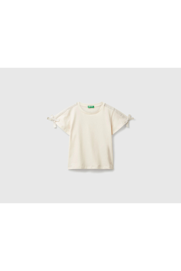 Girl's T-Shirt with Logo Embroidery and Glitter Ribbon on the Shoulders