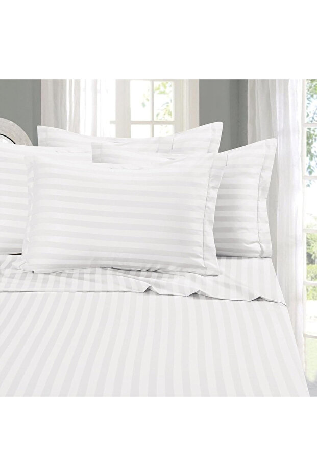 Luxury Hotel Collection Bed Sheets – 4-Piece Double Set, White Striped, 100% Cotton Comfort