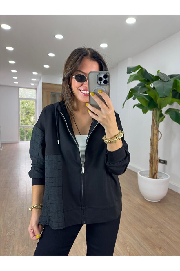 Kapitone Detaylı Kapüşonlu Sweatshirt - 5