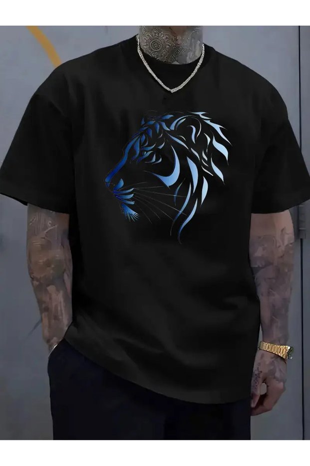 Unisex Oversize Printed Cotton Crew Neck Short Sleeve Black T-Shirt Tiger Figure