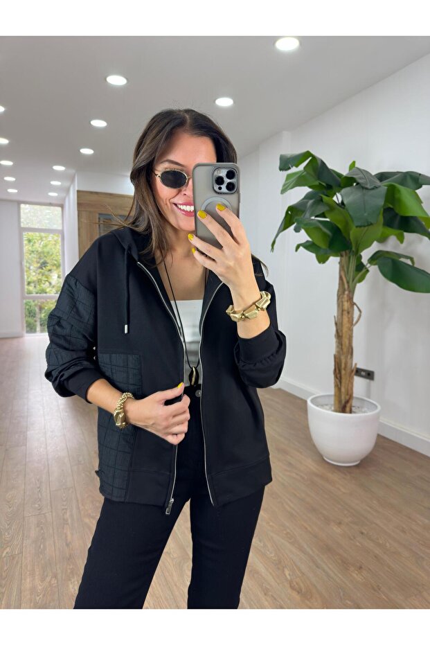 Kapitone Detaylı Kapüşonlu Sweatshirt - 1