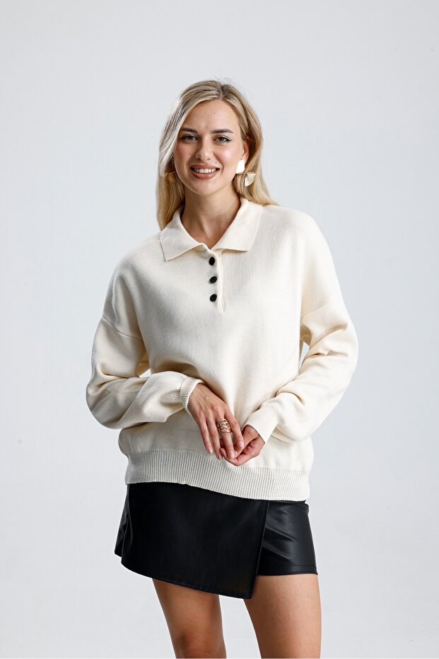 Kadın krem Basic Polo Yaka Triko Kazak - 4