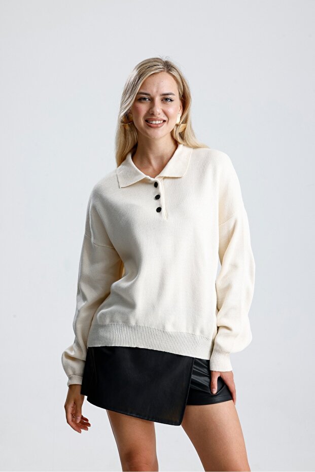 Kadın krem Basic Polo Yaka Triko Kazak - 2