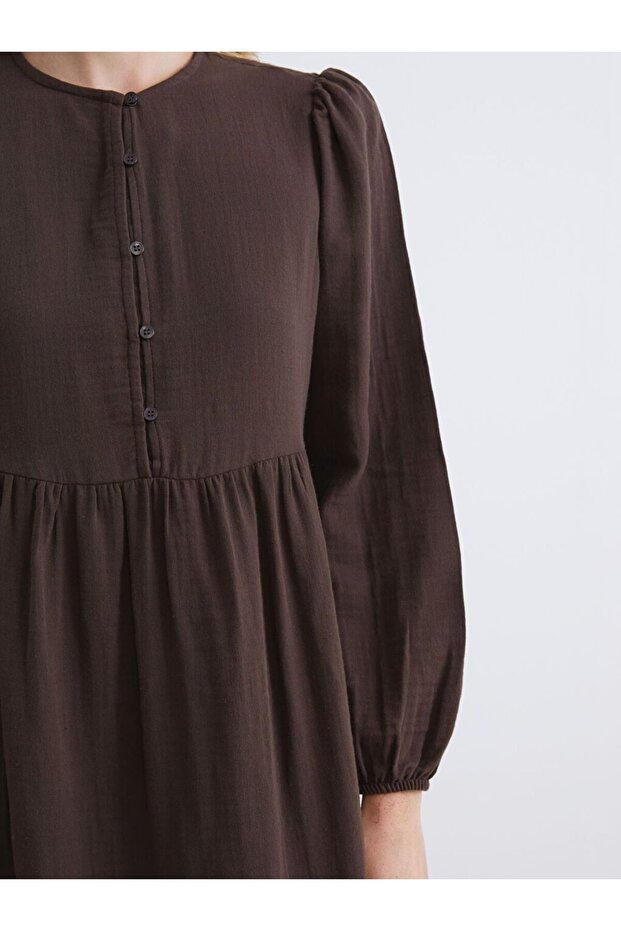 LCW Modest Bisiklet Yaka Dokulu Müslin Pileli Elbise - 3