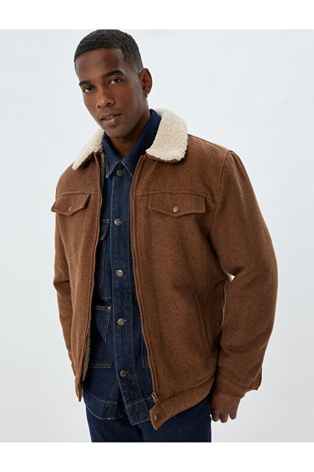 Plush Collar Jacket Slim Fit Pocket Detail Zippered Cotton Blend