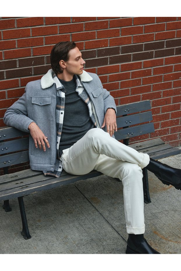 Plush Collar Jacket Slim Fit Pocket Detail Zippered Cotton Blend