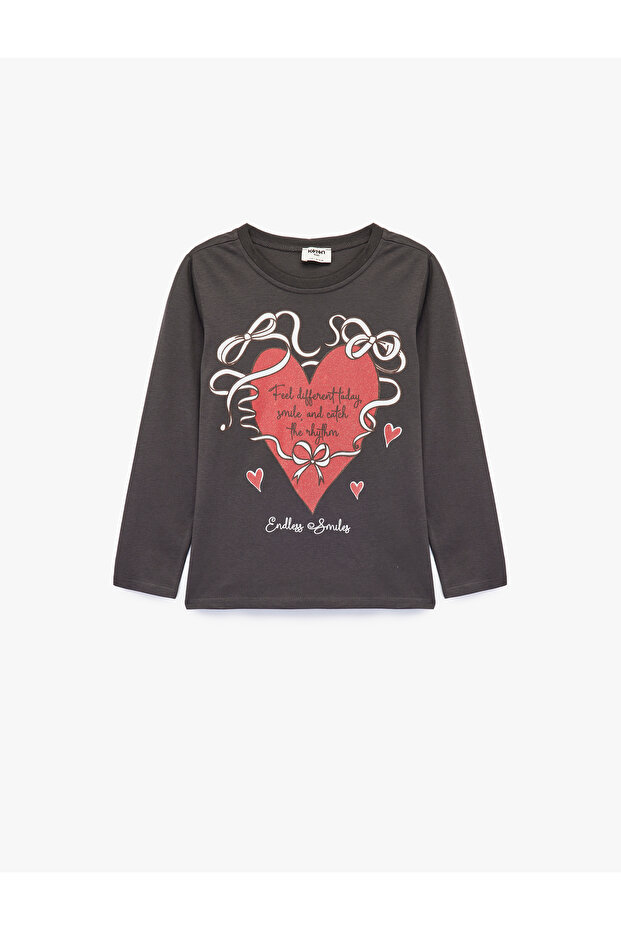 Long Sleeve Crew Neck Heart Printed Cotton T-Shirt
