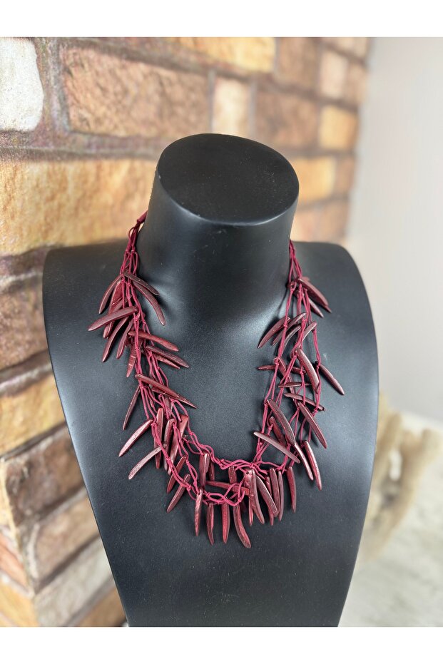 Bohem bordo ahşap tasarım kolye - 2