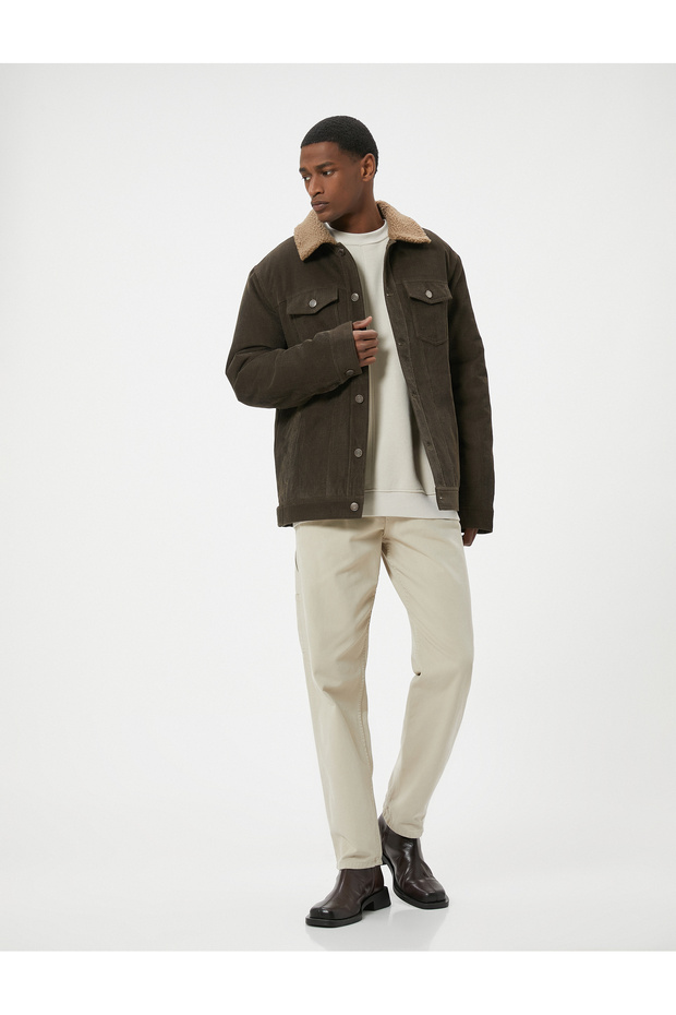 Corduroy Jacket Plush Collar Detailed Pockets Slim Fit Buttoned