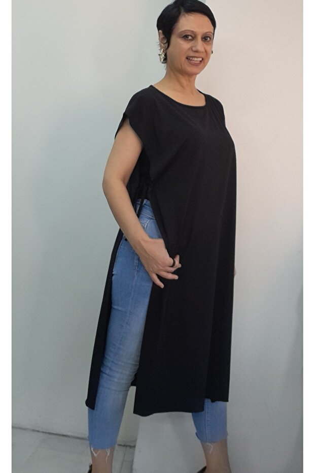 Black Multi-Purpose Side Lace-Up Below-The-Knee Concealer Vest Made of Combed Viscose