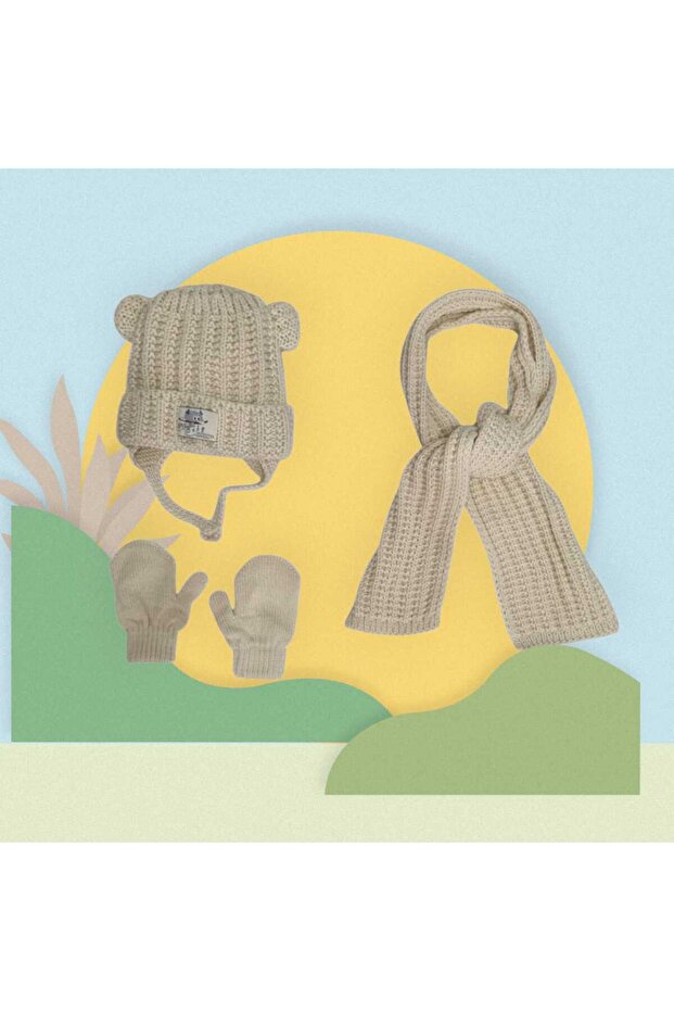 Kitti 0-18 Months Baby Boy Scarf Beanie Gloves 3-Piece Set Fleece Lined Inside