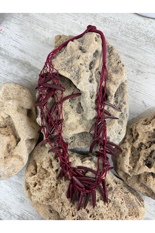 Bohem bordo ahşap tasarım kolye - 4