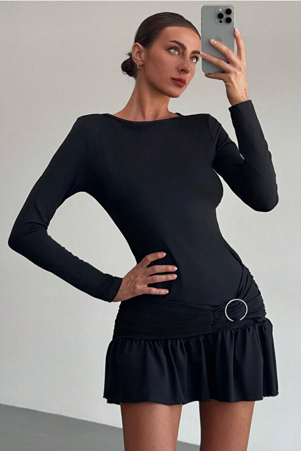 Ring accessory detailed gathered long sleeve dress 9127