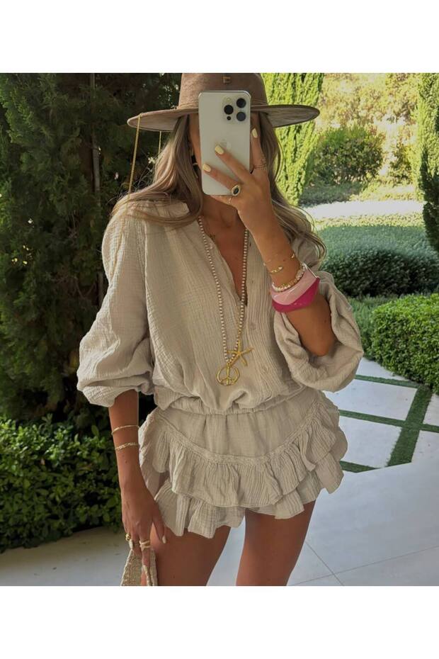 Beka muslin kumaş pileli şort elbise - 2